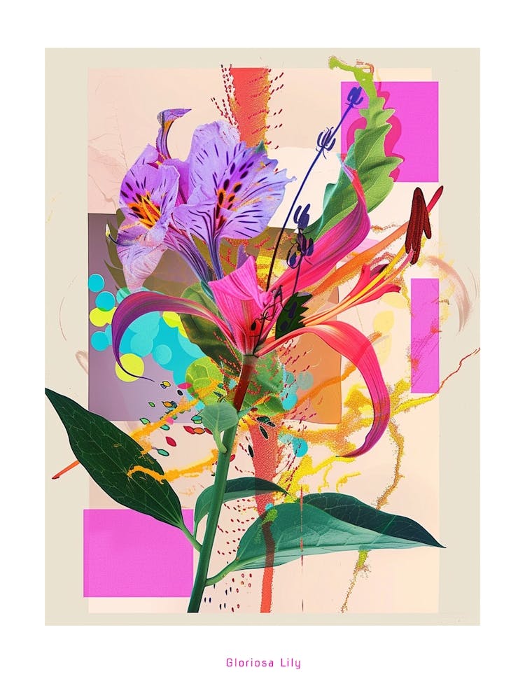 Gloriosa Lily 1 Neon Flower Collage Poster