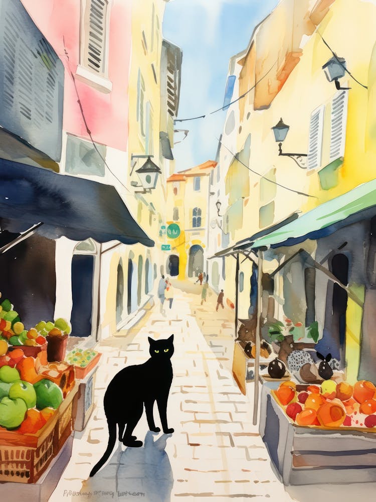 Marché Alimentaire avec des Chats à Lisbonne 4 Aquarelle