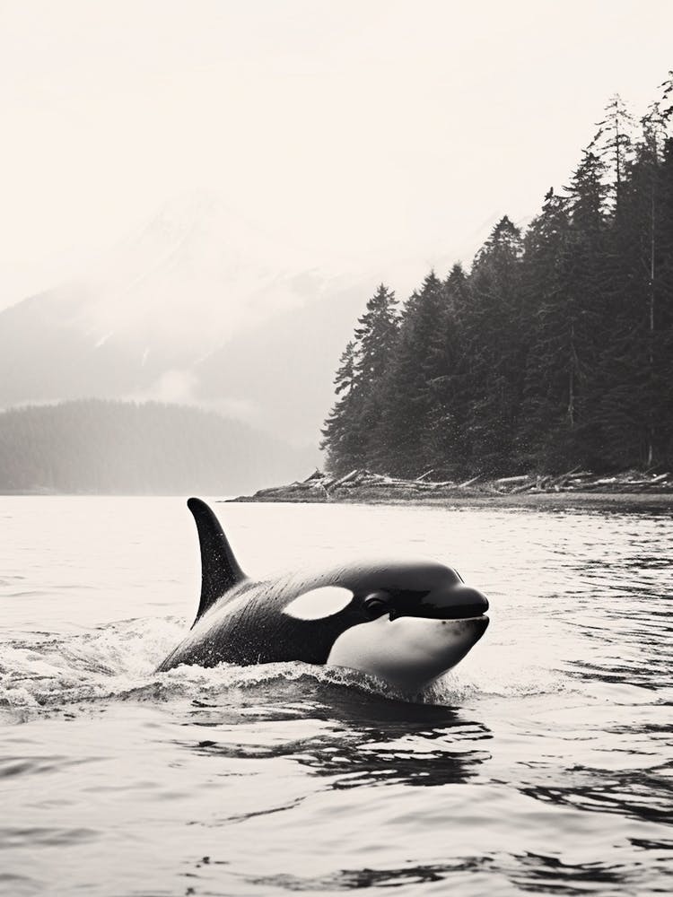 Misty Black & White Orca Whale Forest And Ocean Photography Style 1