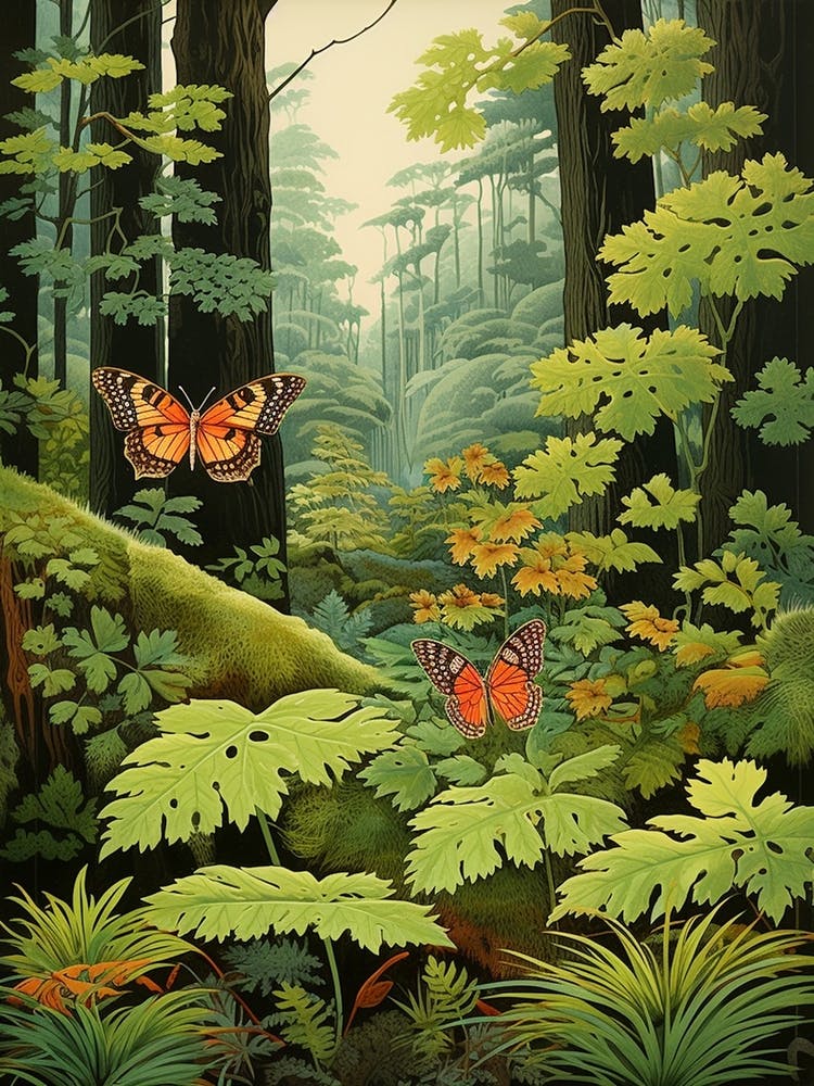 Butterflies In The Woodland Japanese Style Painting 2