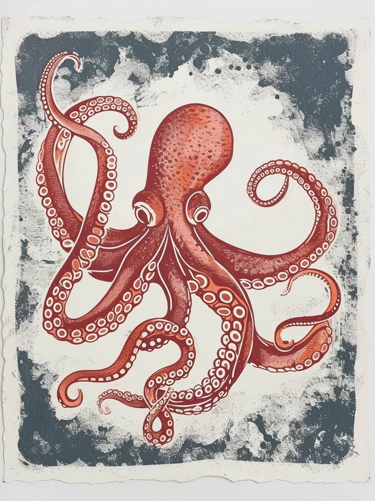 Red Octopus Deep In The Ocean Linocut Style