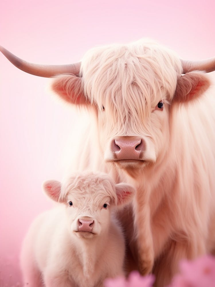 Highland Cow With Calf Pink Portrait
