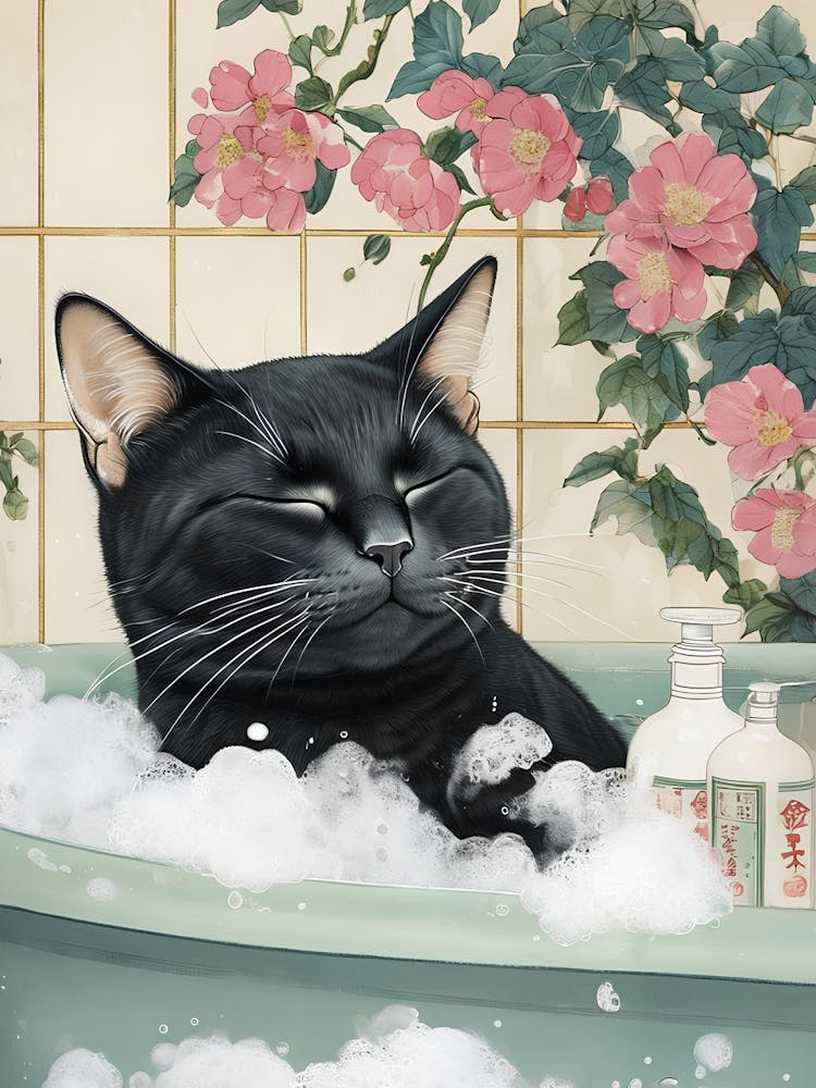 Black Cat In A Bathtub - Japanese Bathroom
