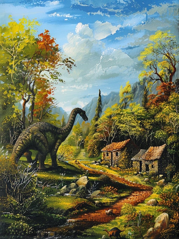 Dinosaur In An Ancient Village Painting 1