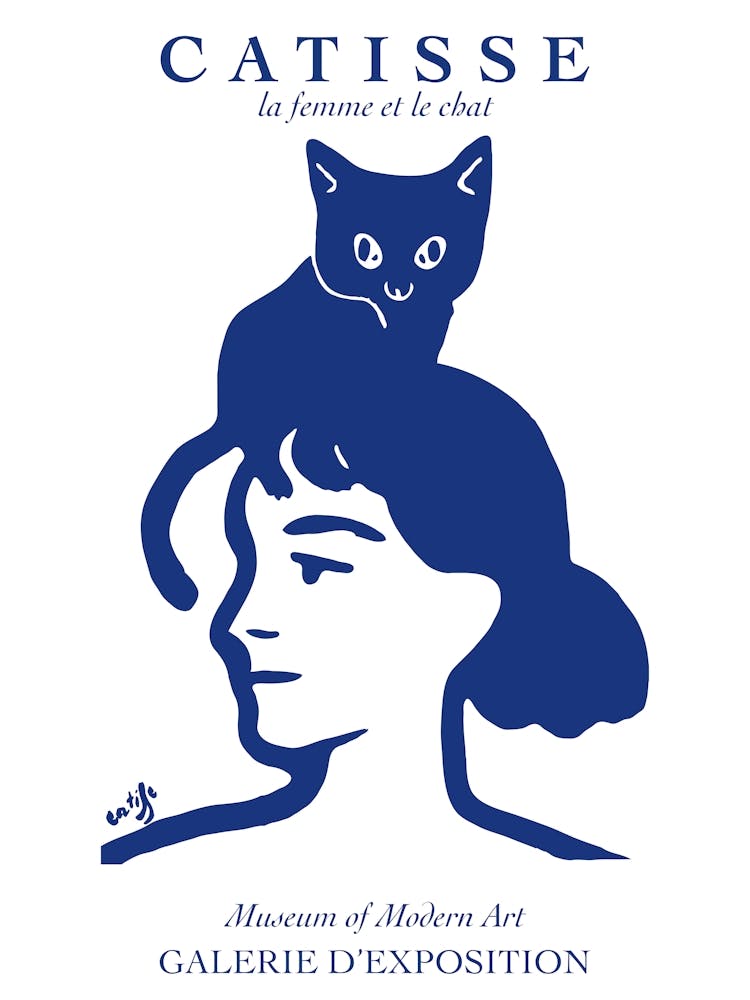 Cat Matisse Catisse Woman With Cat Blue Fun Blue Line Art Face