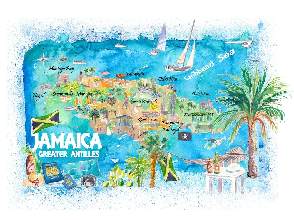 Jamaica Antilles Caribbean Illustrated Travel Map With Roads And Highlights