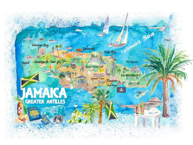 Jamaica Antilles Caribbean Illustrated Travel Map With Roads And Highlights