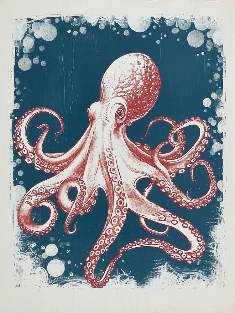 Red Linocut Inspired Octopus 3