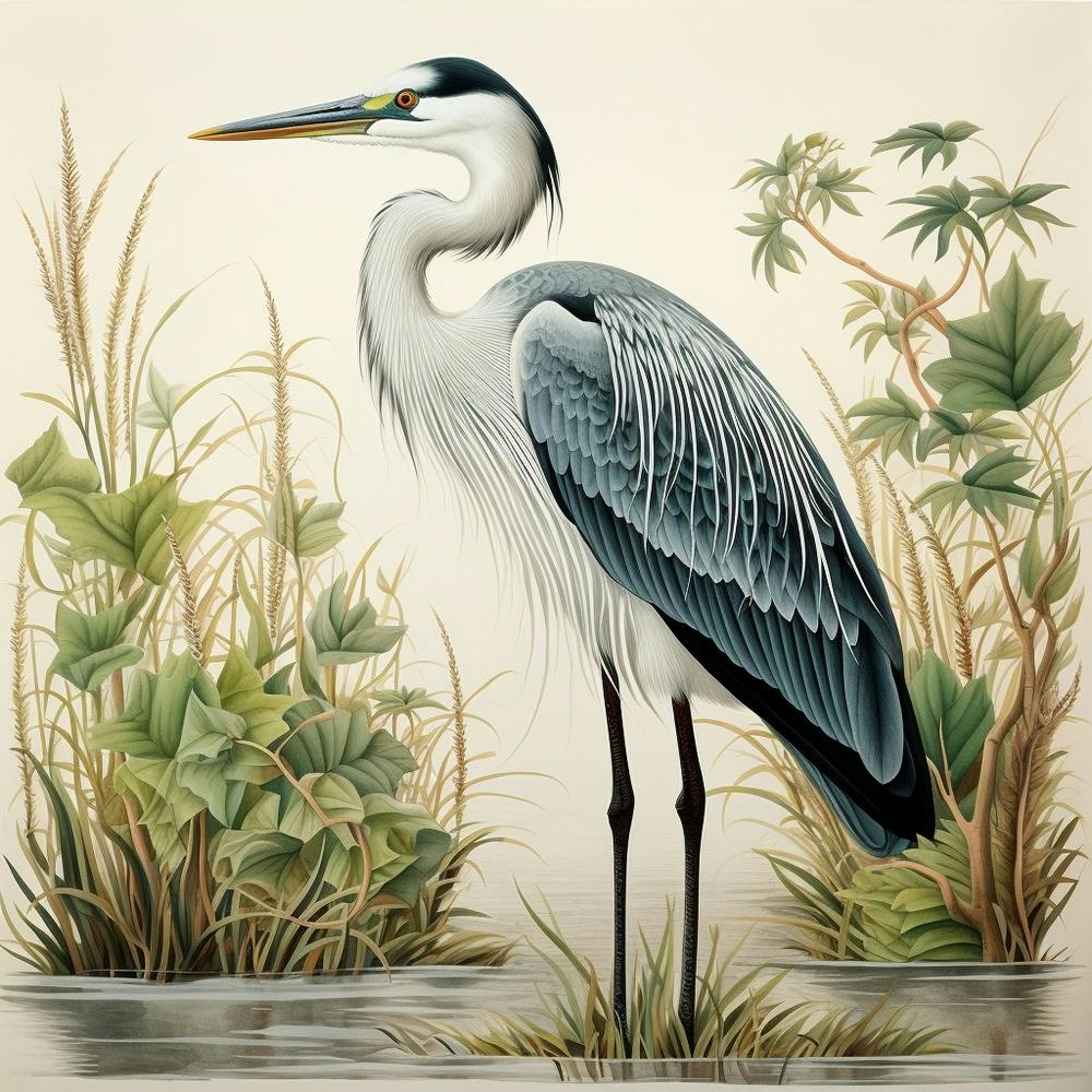 Ohara Koson Inspired Bird Painting Great Blue Heron 7 Square