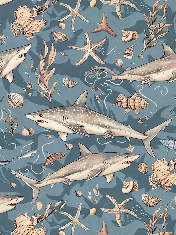 Pastellblau Pelagischer Fuchshai Aquarell Seelandschaft Muster 2
