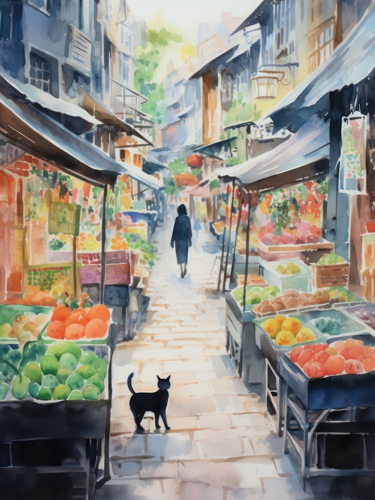 Food Market With Cats In Kyoto 1 Watercolour