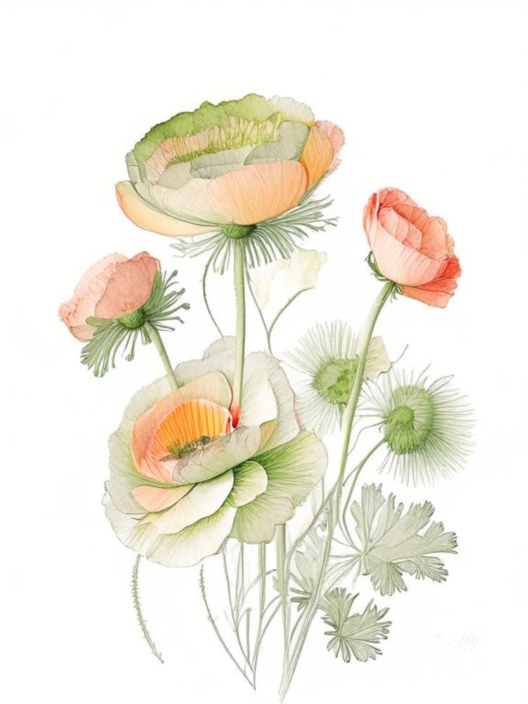 Ranunculus Floral Quentin Blake Inspired Illustration 1 Flower