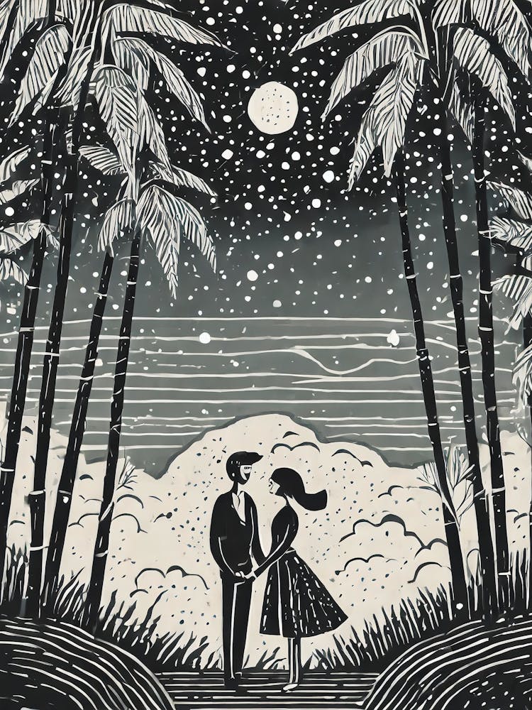 A Couple In Love Under A Starry Sky Near A Bamboo Grove Ukiyo-E Style