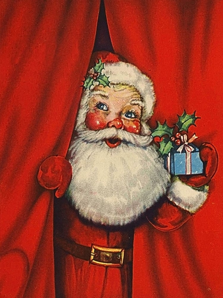 Santa Claus Behind Red Curtain With A Present For You