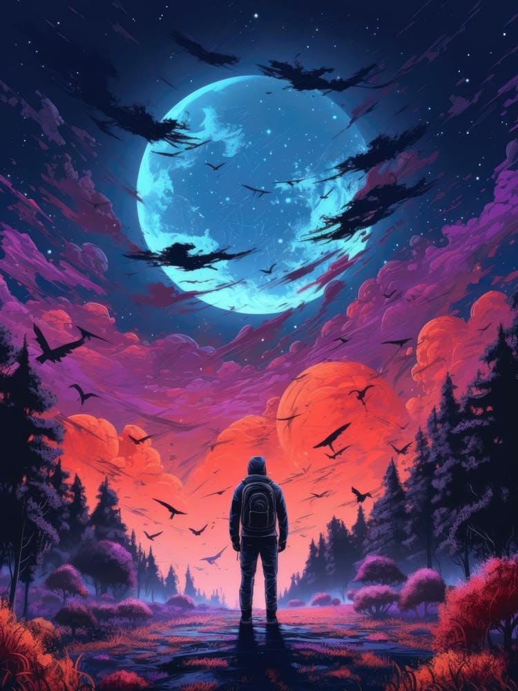 Dark Black Forest Full Moon Painting