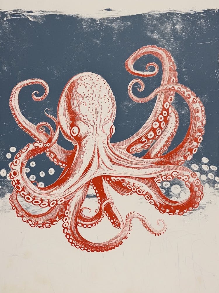 Retro Linocut Inspired Red & Navy Octopus 4
