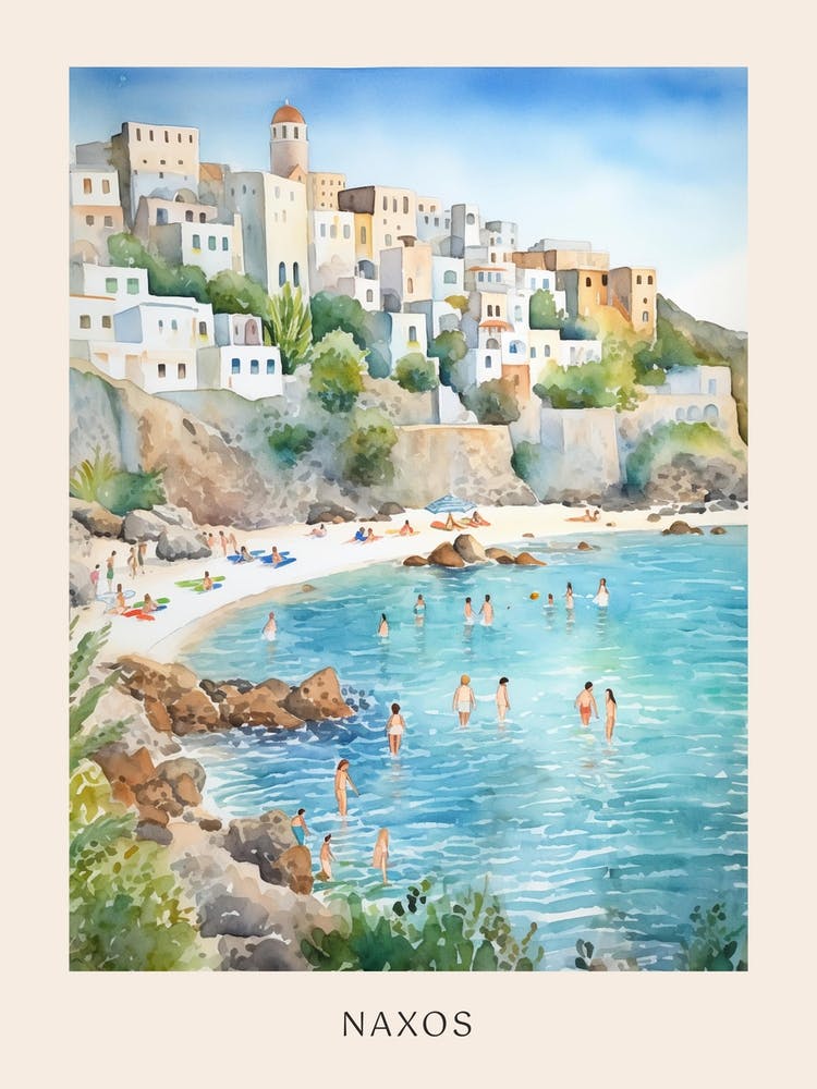 Swimming In Naxos Greece Watercolour Poster
