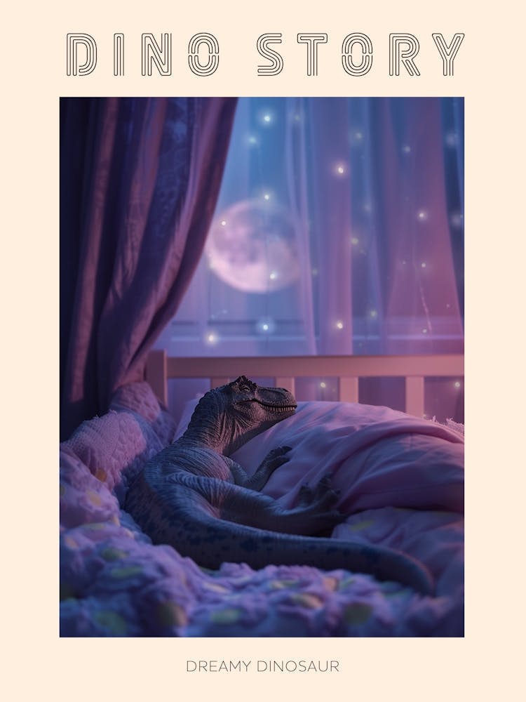 Toy Lilac Dinosaur Snoozing In Bed Poster