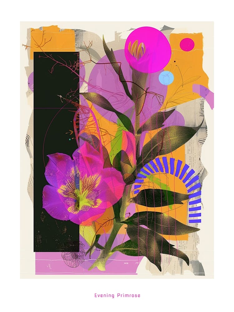 Evening Primrose 1 Neon Flower Collage Poster