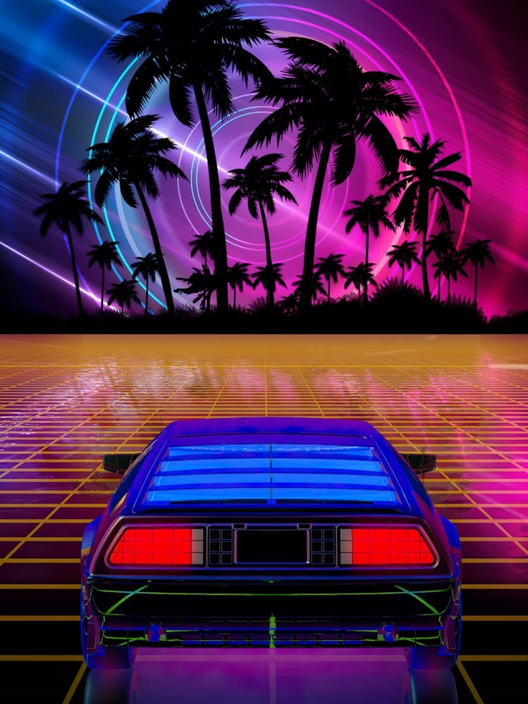 Neon landscape: Synthwave horizon & car, outrun [synthwave/vaporwave/cyberpunk] — aesthetic retrowave neon poster