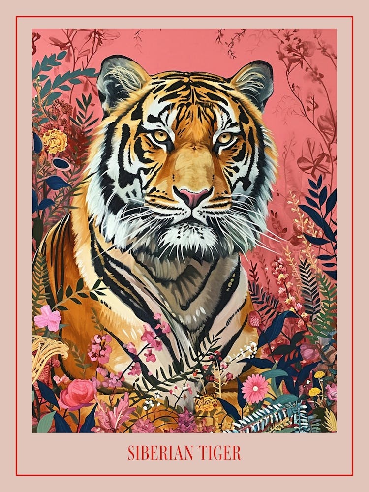 Floral Animal Painting Siberian Tiger 2 Poster