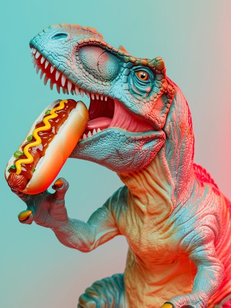 Pastell Spielzeugdinosaurier isst einen Hot Dog