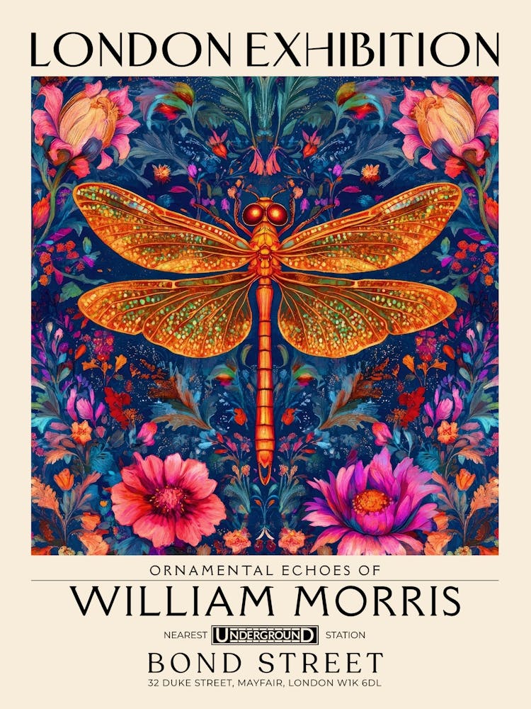 William Morris Dragonfly and floral artwork vibrant colors, insect and flower pattern Botanical vintage print, maximalist wall art living room boho decor, Floral tapestry Victorian style vintage decor 2