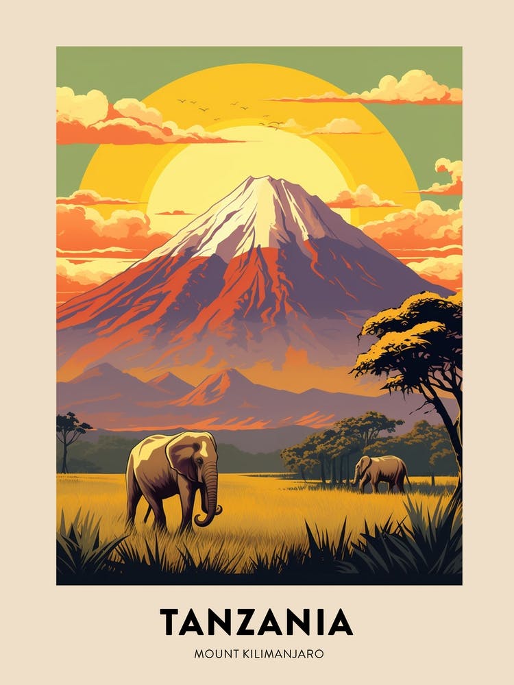 Mount Kilimanjaro Tanzania 2 Vintage Hiking Travel Poster