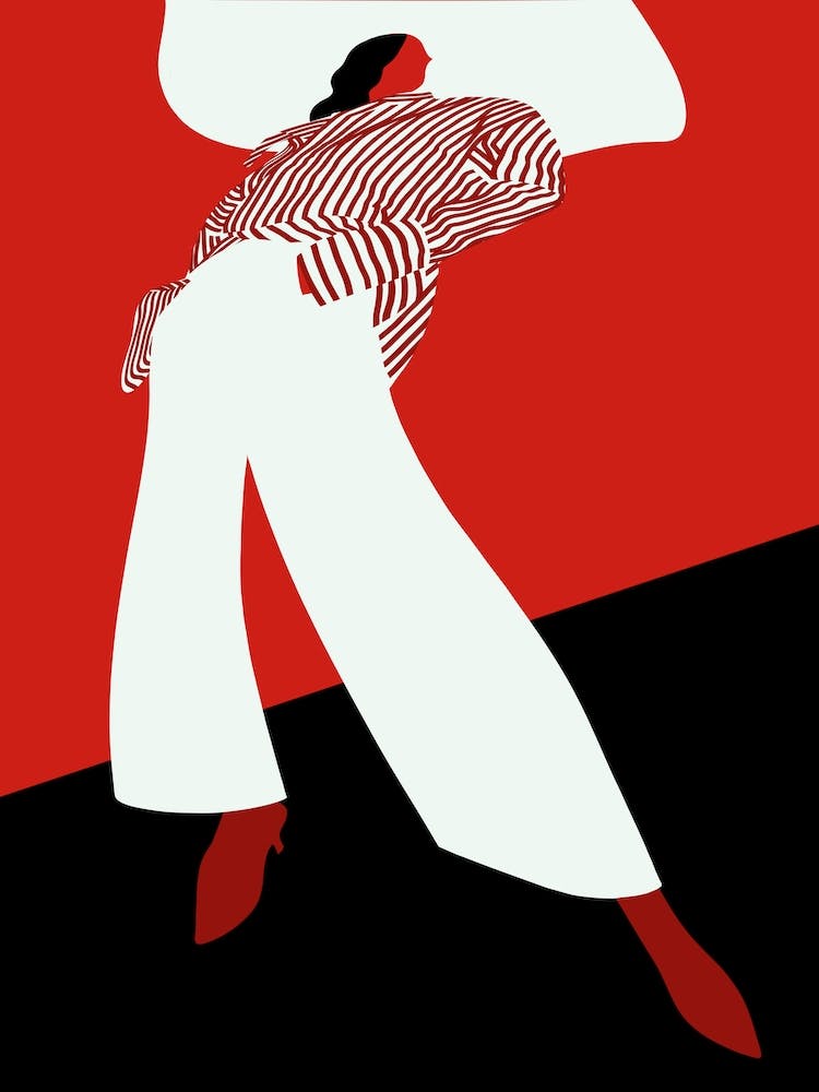 Fashion Model With Striped Shirt Large Hat On Red