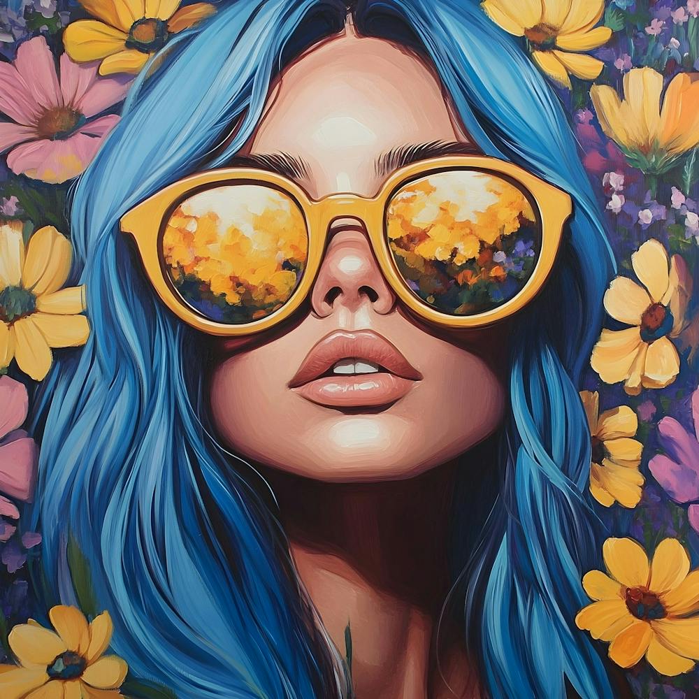 Blue Haired Woman With Flowers 2