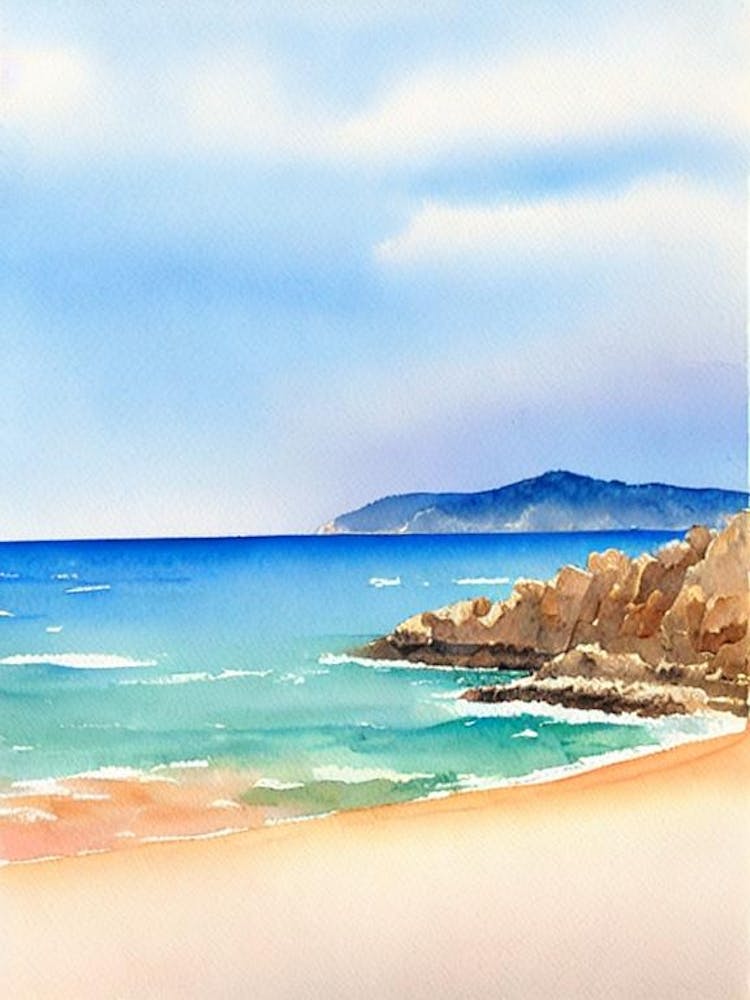 Cala Estreta Beach, Costa Brava, Spain Watercolour