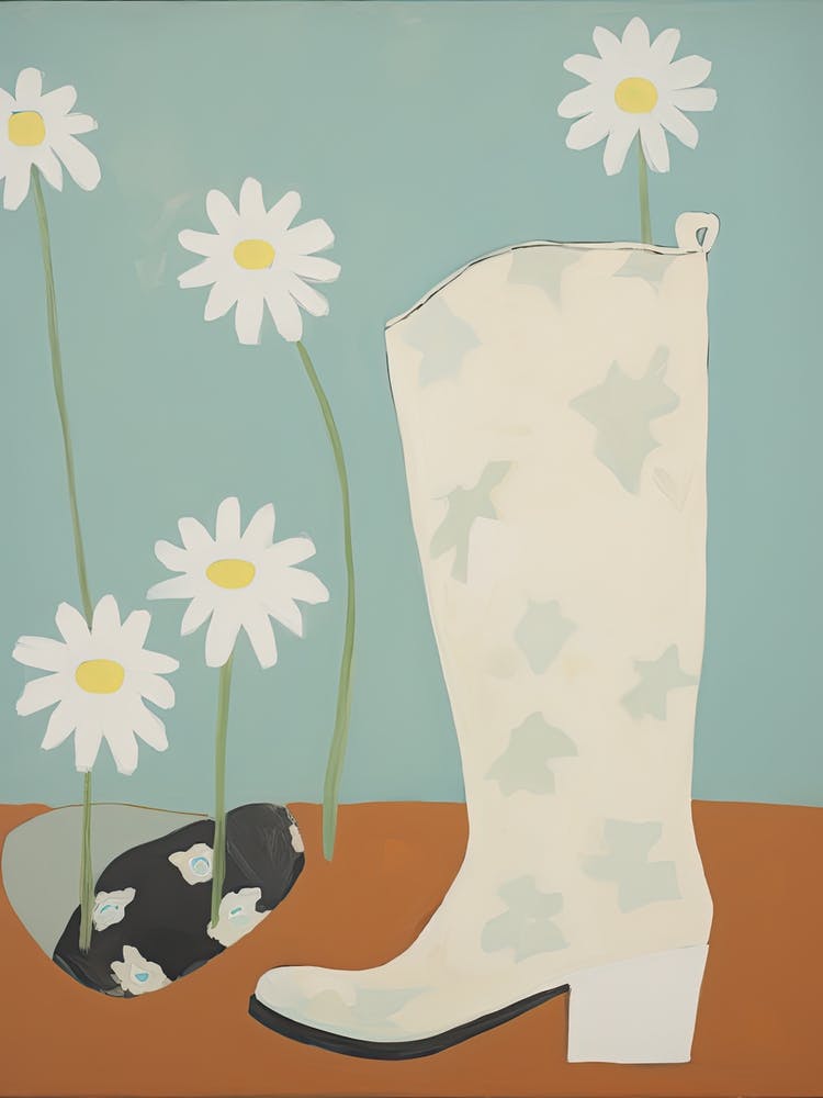A Painting Of Cowboy Boots With Daisies Flowers, Pop Art Style 9