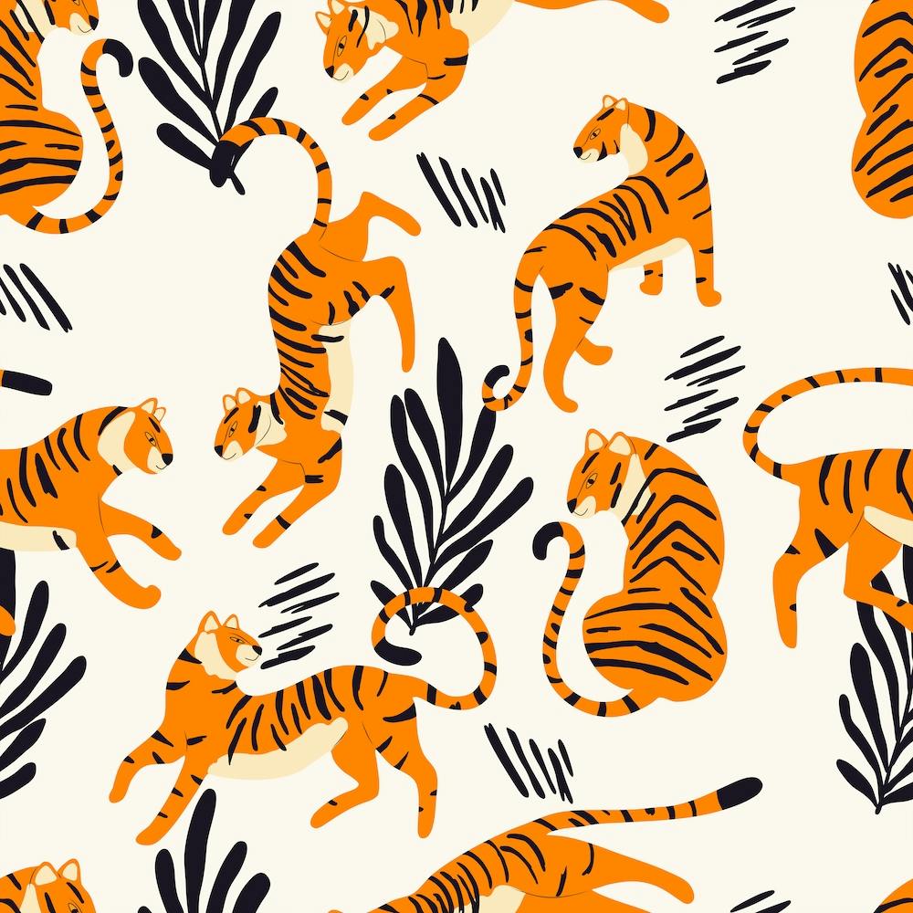 White Tiger Pattern With Floral Decoration On White Square