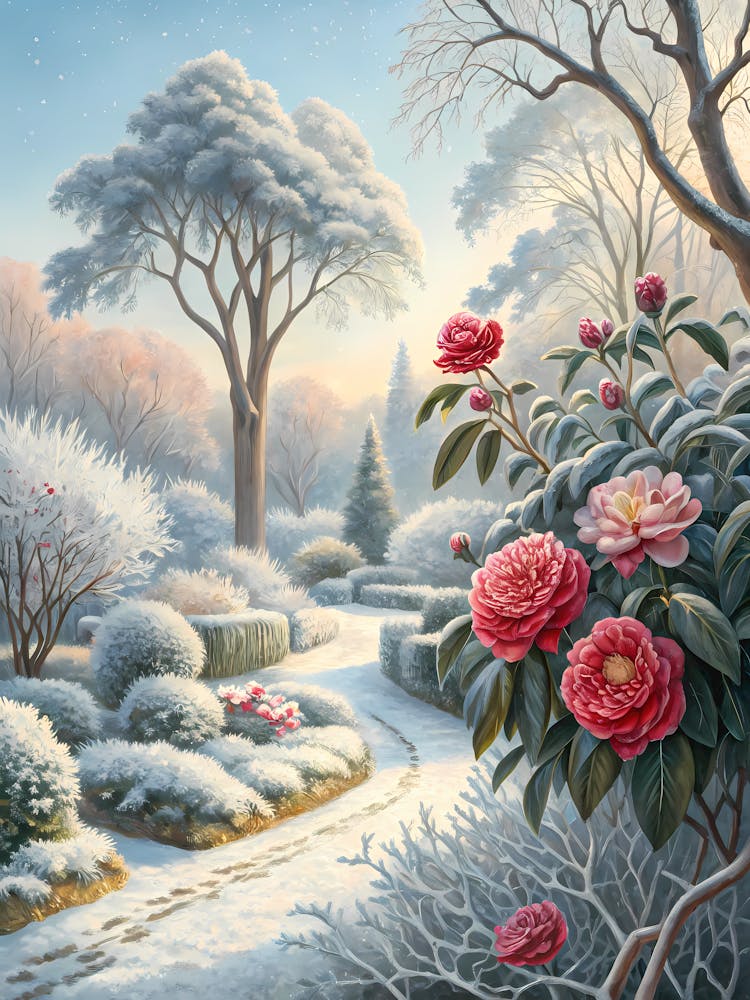 Oil Painting Style Snowy Winter Garden Festive Floral Landscape with Red Roses