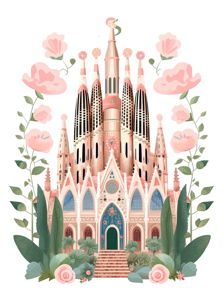 La Sagrada Família   Barcelona, Spain   Cute Botanical Illustration Travel 1