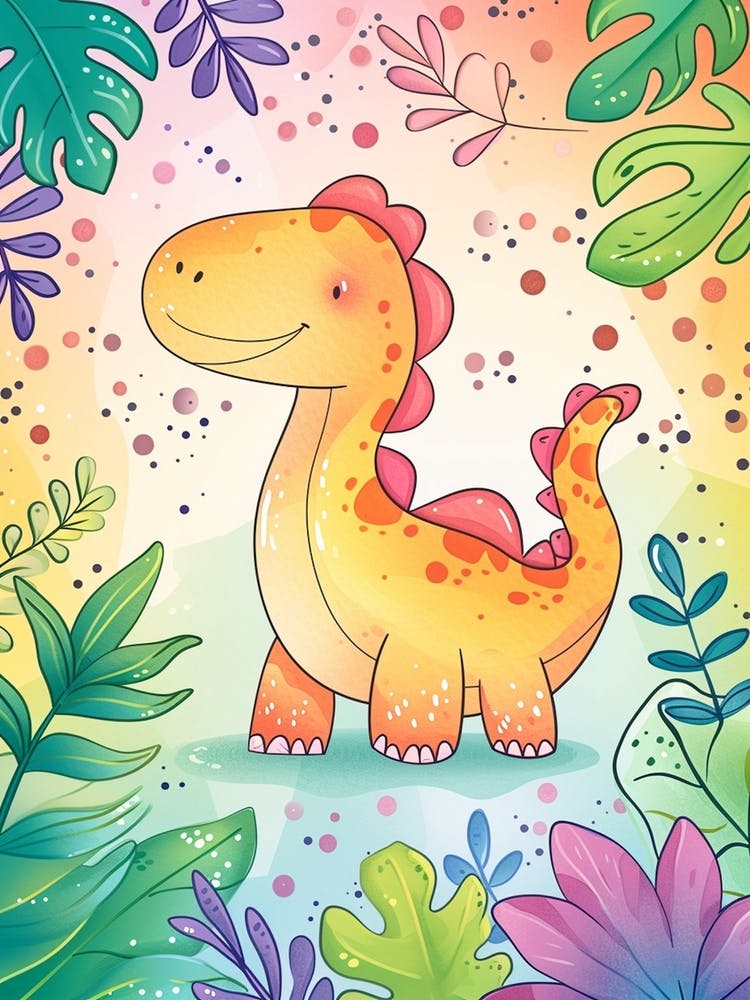 Orange Dinosaur Cartoon Watercolour