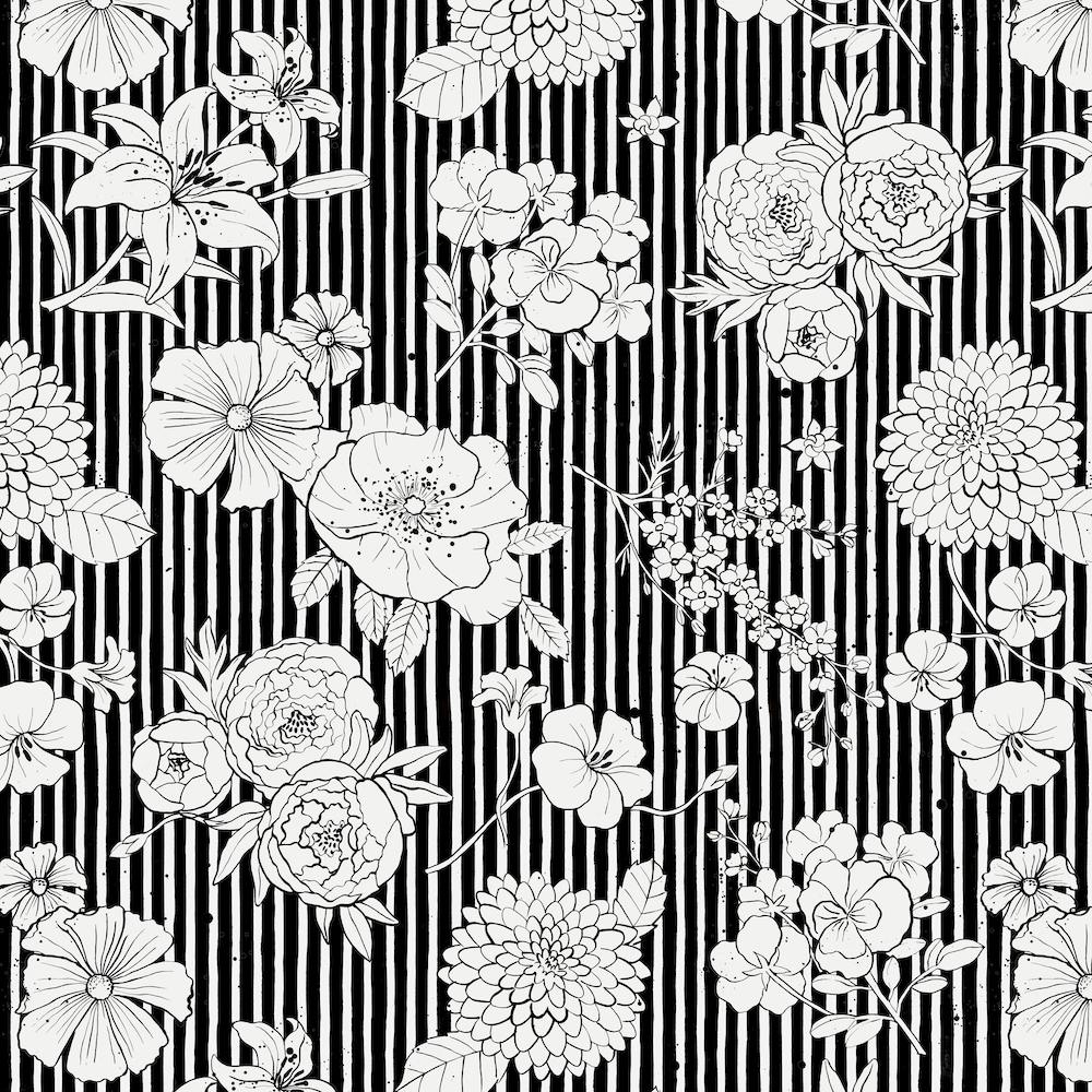 Flowers And Stripes Black White Square