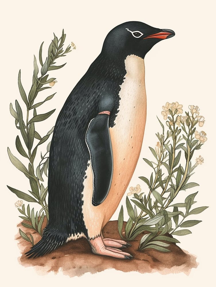 Adlie Penguin Dunedin Taiaroa Head Vintage Botanical Painting 1
