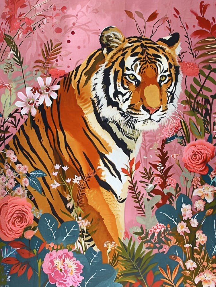 Floral Animal Painting Siberian Tiger 3