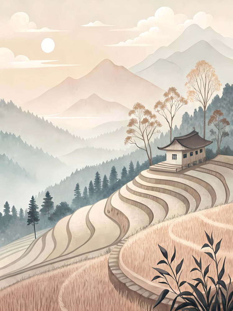 Minimalist Ink Sketch Of Abstract Rice Terraces