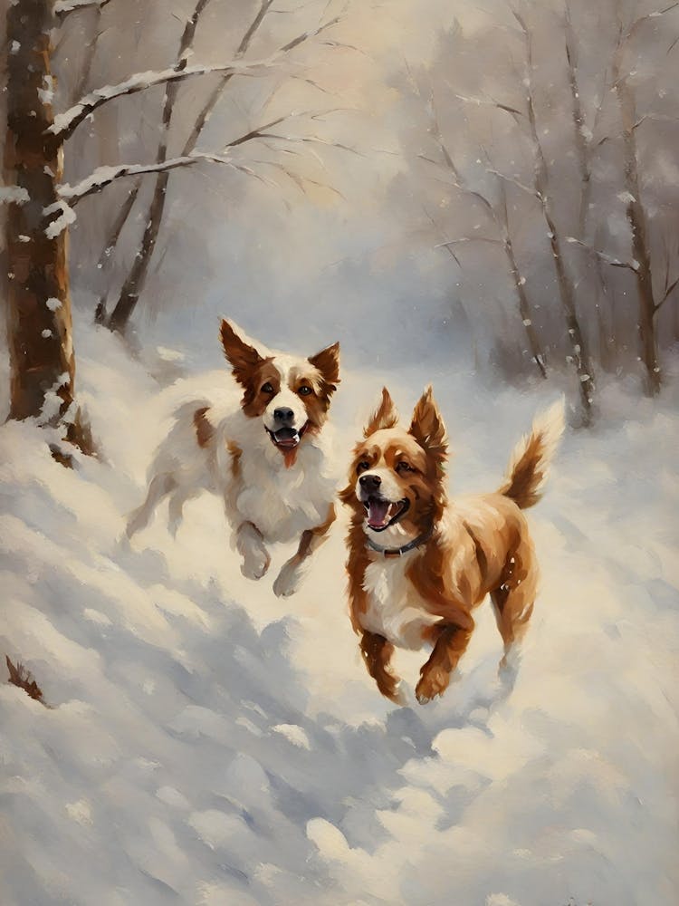 Two Dogs Running In The Snow