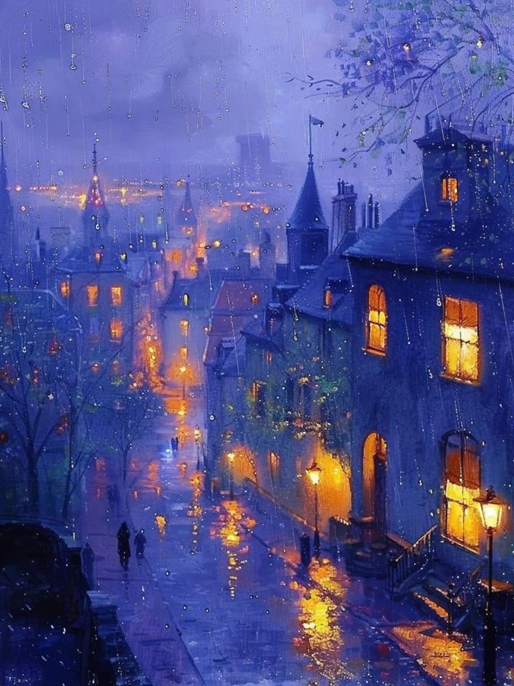 Twilight European Town| Beautiful Landscape Scenery Painting | Contemporary for Feature Wall | Vibrant Beautiful Cityscape Wall Decor in HD