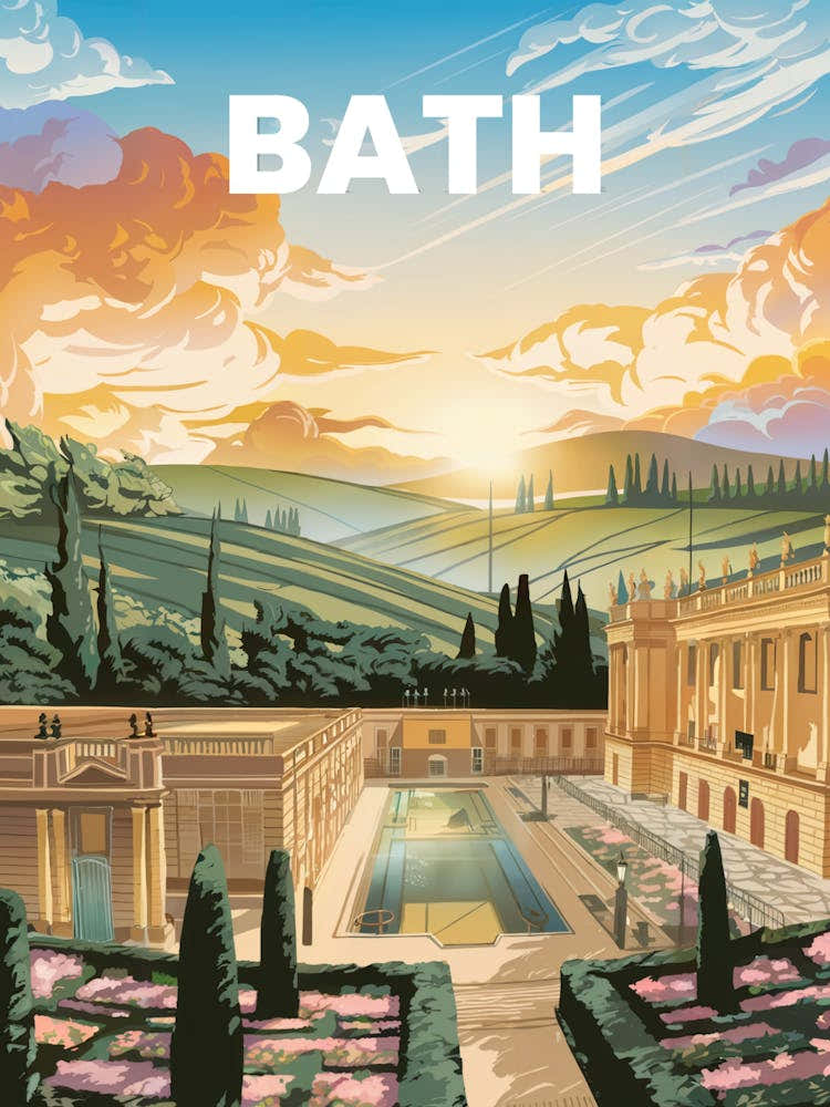 Anime Canvas Art: Charming Bath Scene with Roman Baths and Georgian Architecture Surrounded by Blooming Gardens, Ideal for Lofi and Historic Art Fans.