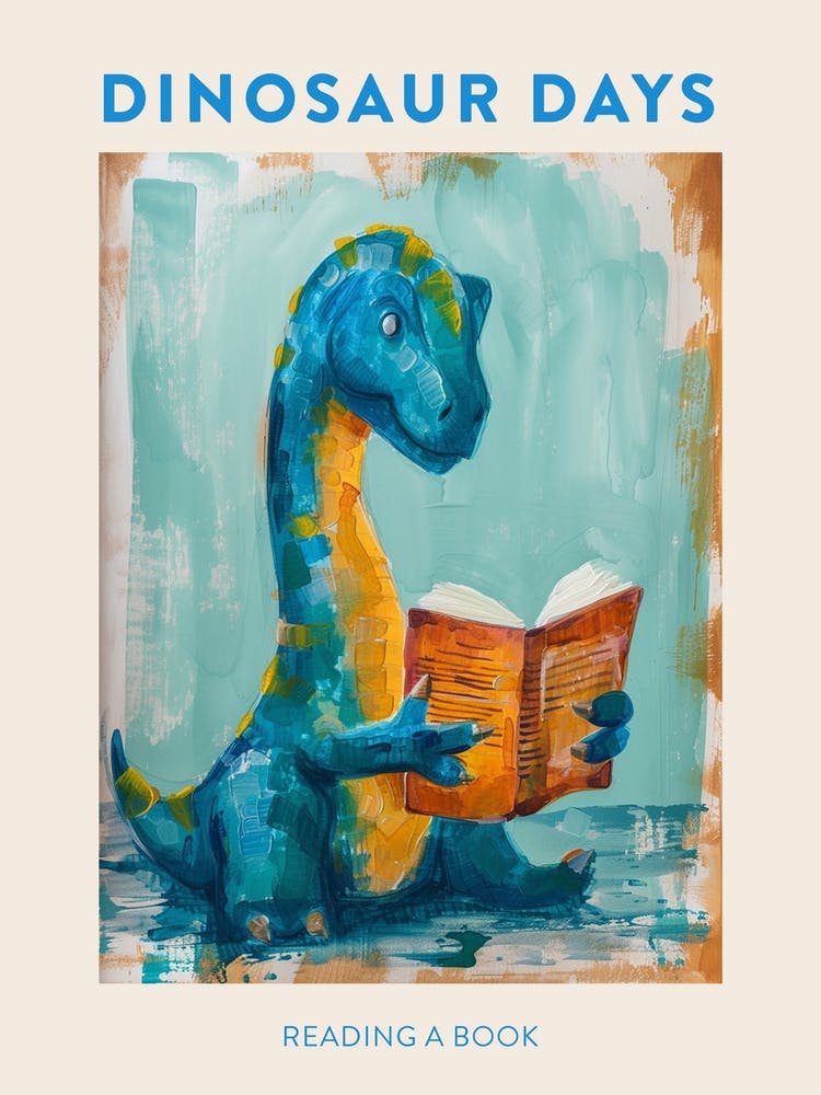Reading A Book Orange Blue Dinosaur Poster