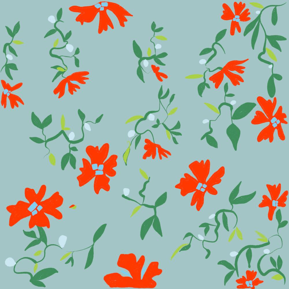 Red Flowers On A Blue Background