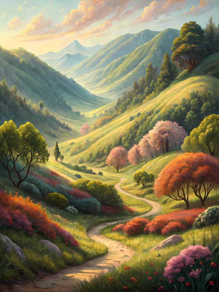 Lush Mountain Valley Landscape Oil Painting