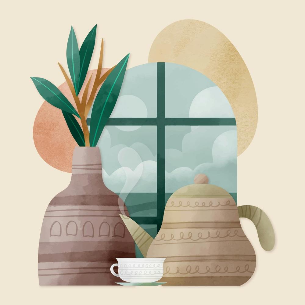 A Tea and a Houseplant by the Window Watercolor