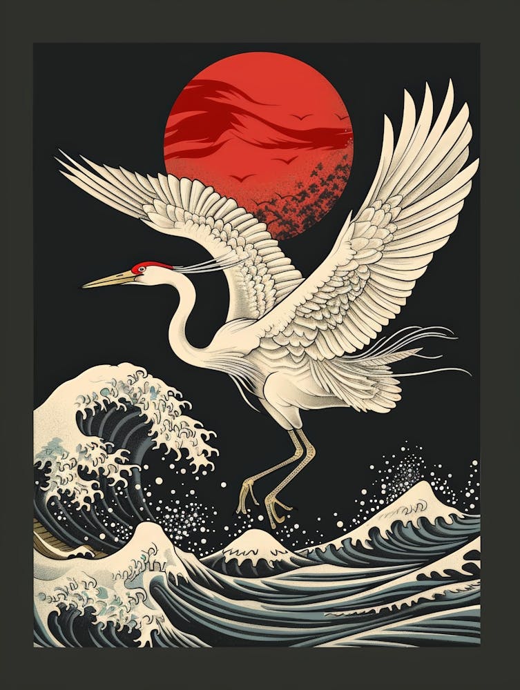 White Crane Flying Over The Waves