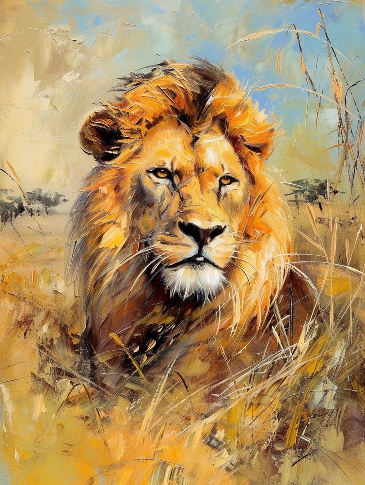 African Lion Hunting Acrylic Painting 1