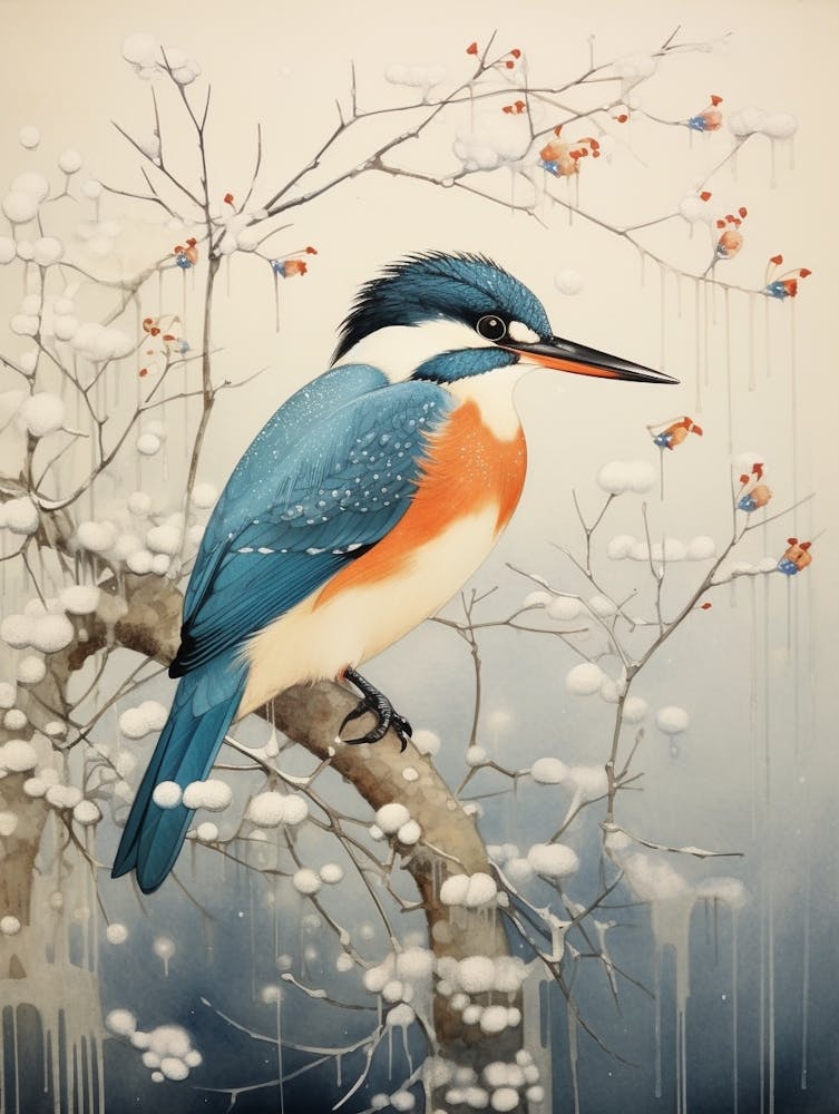 Peinture d'oiseau d'hiver Martin-pêcheur 4
